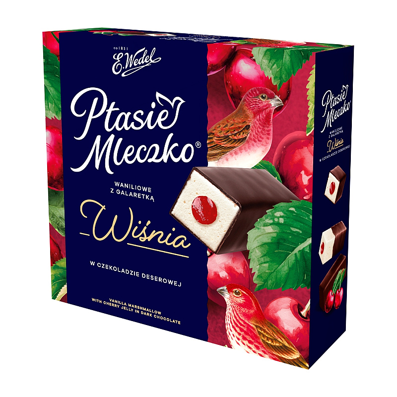 Ptasie Mleczko waniliowe z galaretką wiśnia w czekoladzie deserowej 340g